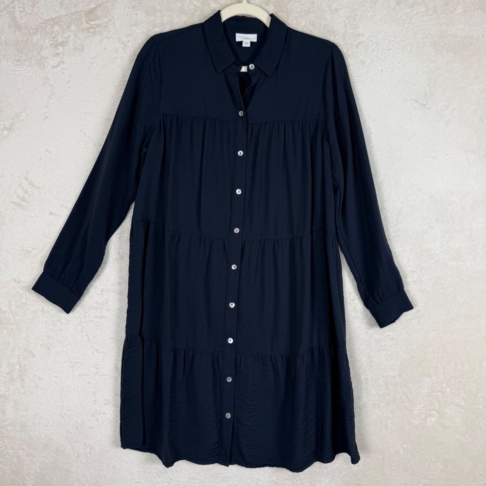 J Jill Navy Tiered Shirt Dress Button Front Long Sleeve Coastal Grandmother XS